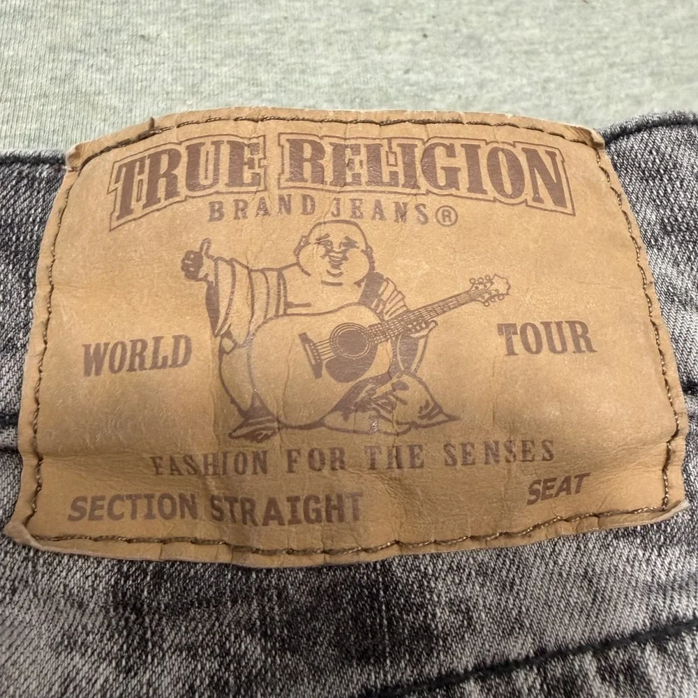 True Religion Section Straight Jeans 33x34 Black Acid Wash Red Detailing Mens